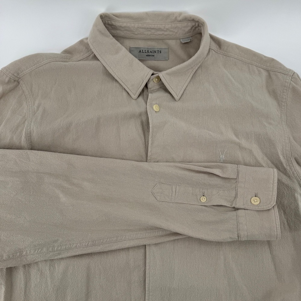 AllSaints Lovell LS Shirt Mens Medium Taupe Beige Cotton Button Down MS238W